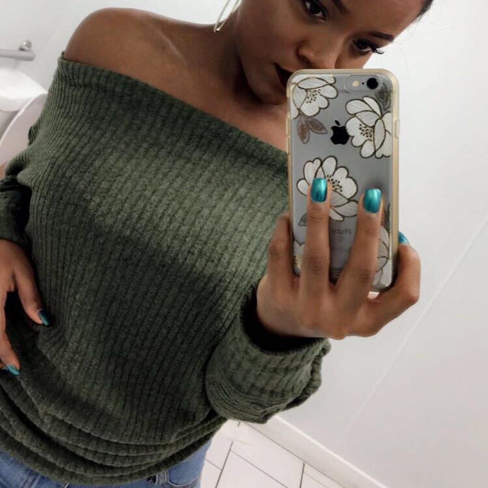 Fashion Nova Olive Green Off the Shoulder Sweater